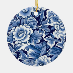 Indigo Blauwe Bloemen Keramisch Ornament