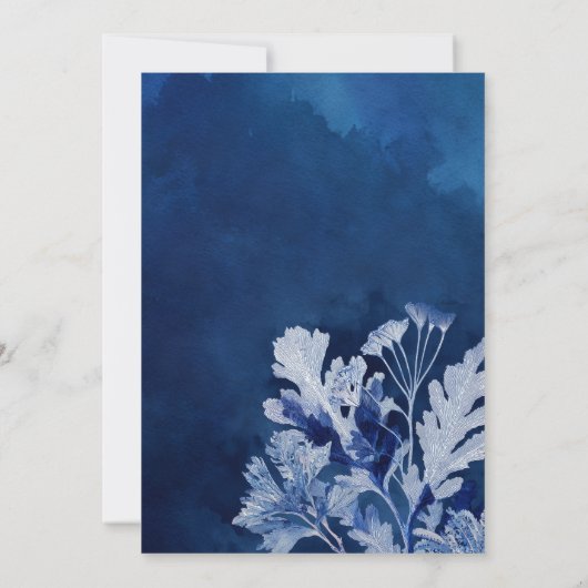 Indigo Blauwe Botanische bruiloft Kaart (Achterkant)