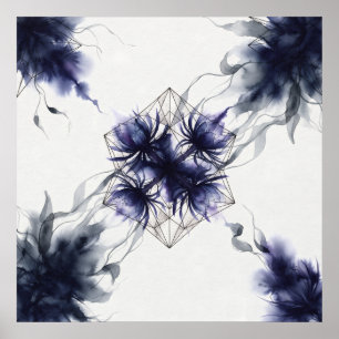 Indigo Blauwe Distel Geometrische Waterverf Poster