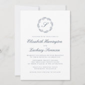 Indigo Blauwe Monogram Krans Script Bruiloft Kaart (Voorkant)