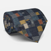 Indigo Blauwe Sashiko & Kasuri Patchwork Stropdas (Opgerold)