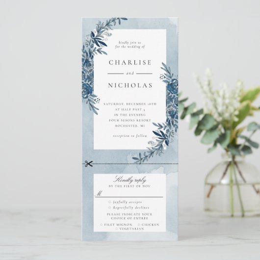 Indigo blauwe waterverf bruiloft uitnodiging w rsv (Staand voorkant)