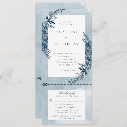 Indigo blauwe waterverf bruiloft uitnodiging w rsv (Voorkant / Achterkant)