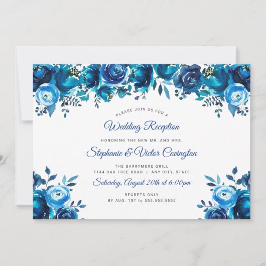 Indigo blauwe waterverf floral bruiloft receptie kaart (Voorkant)