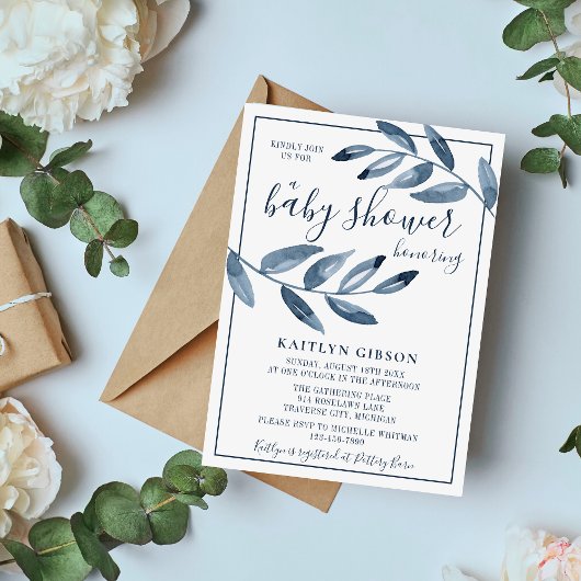 Indigo Bliss Waterverf Leaf Branch Baby shower Kaart