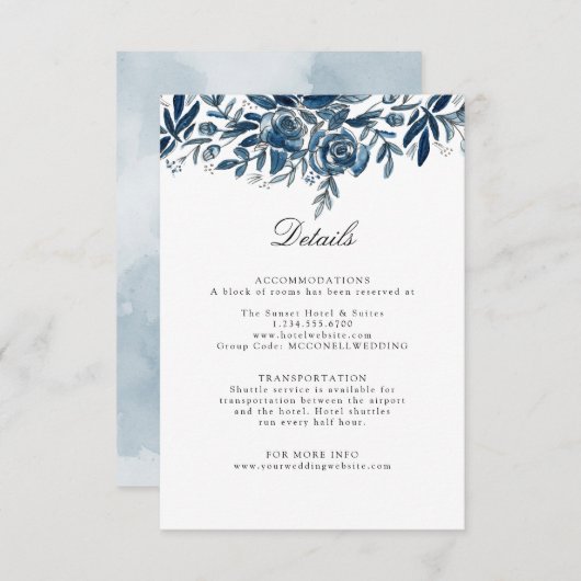 Indigo bloemen bruiloft details bijsluiter kaart (Voorkant / Achterkant)