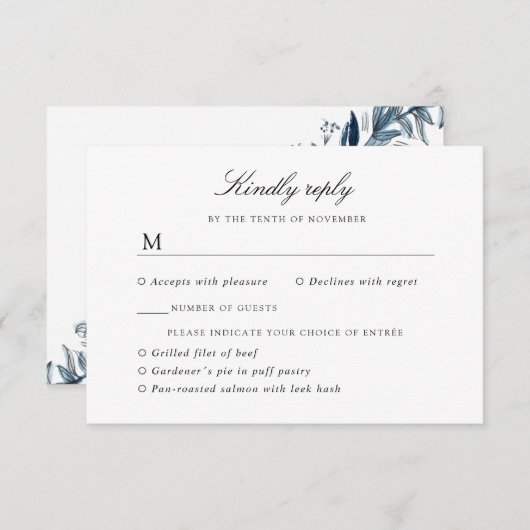 Indigo bloemen bruiloft reactie een maaltijdselect RSVP kaartje (Voorkant / Achterkant)