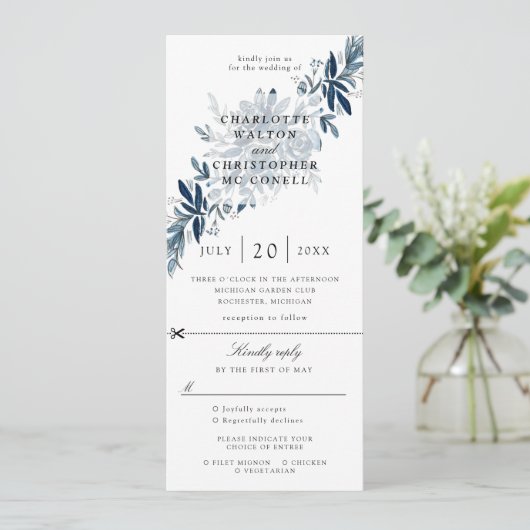 indigo bloemen bruiloft uitnodiging met aangehecht (Staand voorkant)