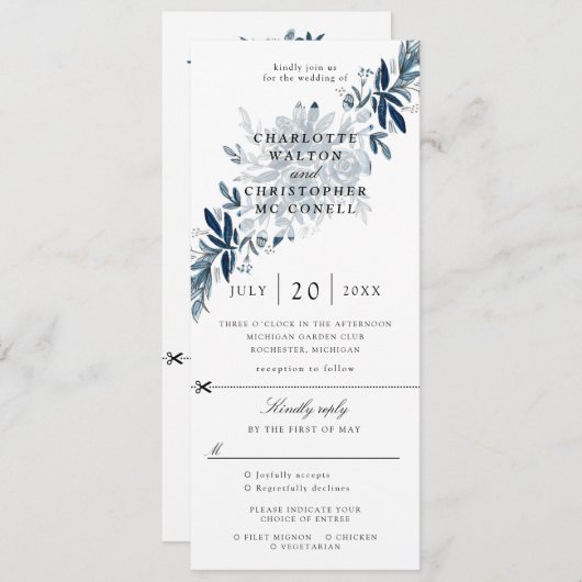 indigo bloemen bruiloft uitnodiging met aangehecht (Voorkant / Achterkant)