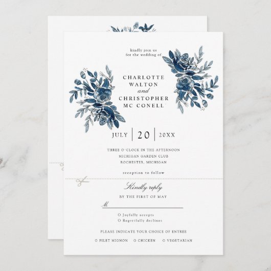 indigo bloemen bruiloft uitnodiging rsvp bijgevoeg (Voorkant / Achterkant)