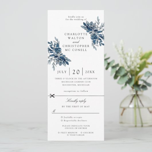 indigo bloemen bruiloft uitnodiging rsvp bijgevoeg (Staand voorkant)