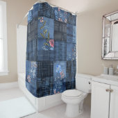 Indigo bloemenpatchwork patroon | Boho Denim Douchegordijn (In situ)