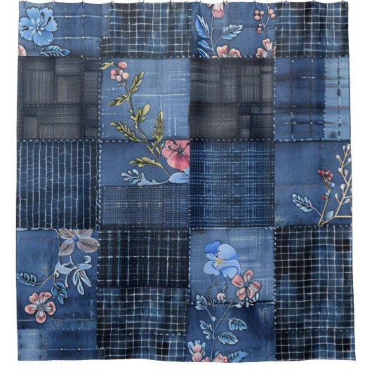 Indigo bloemenpatchwork patroon | Boho Denim Douchegordijn (Voorkant)
