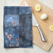 Indigo bloemenpatchwork patroon | Boho Denim Theedoek (Quarter Fold)