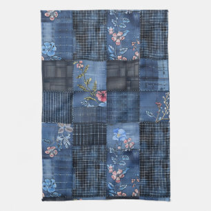 Indigo bloemenpatchwork patroon   Boho Denim Theedoek