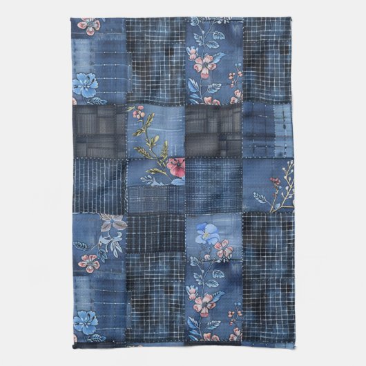 Indigo bloemenpatchwork patroon | Boho Denim Theedoek (Verticaal)