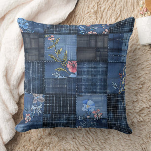 Indigo Bloemenpatchworkpatroon Boho Denim Kussen