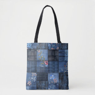 Indigo Bloemenpatchworkpatroon Boho Denim Tote Bag