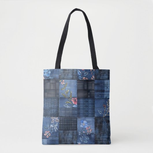 Indigo Bloemenpatchworkpatroon | Boho Denim Tote Bag (Voorkant)