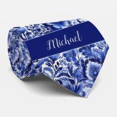 Indigo bloemmonogram stropdas (Opgerold)