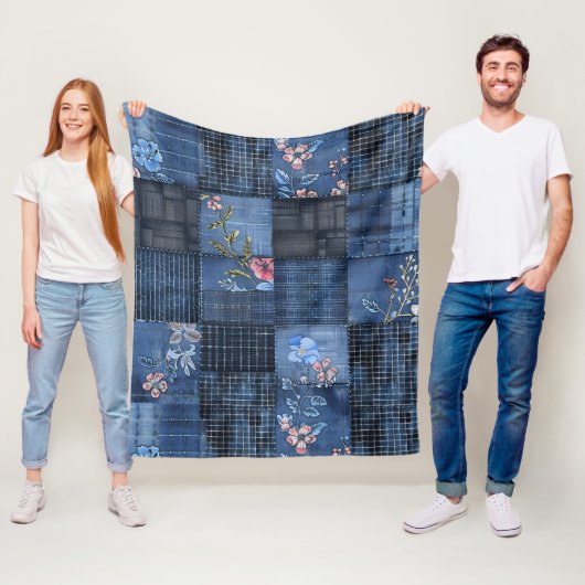 Indigo bloempatroon patchwork | Boho denim Fleece Deken (In situ)