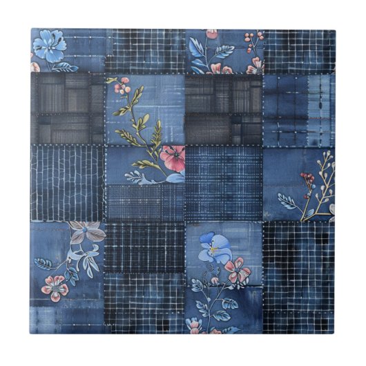Indigo bloempatroon patchwork | Boho denim Tegeltje (Voorkant)