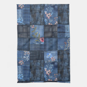 Indigo bloempatroon patchwork   Boho denim Theedoek