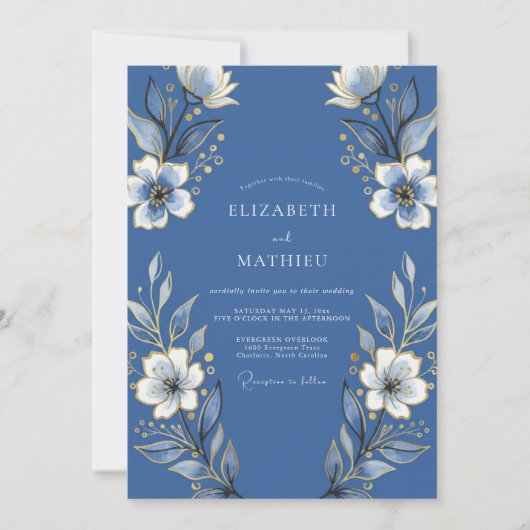 Indigo Bloemrijke Bruiloft Kaart (Voorkant)