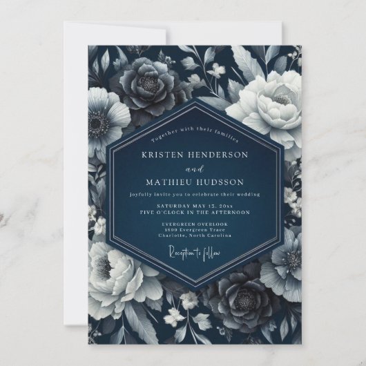 Indigo Bloemrijke Romantische Bruiloft Kaart (Voorkant)
