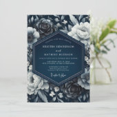 Indigo Bloemrijke Romantische Bruiloft Kaart (Staand voorkant)