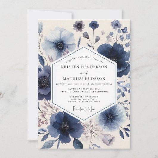 Indigo Bloemrijke Romantische Bruiloft Kaart (Voorkant)