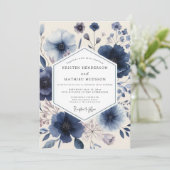 Indigo Bloemrijke Romantische Bruiloft Kaart (Staand voorkant)
