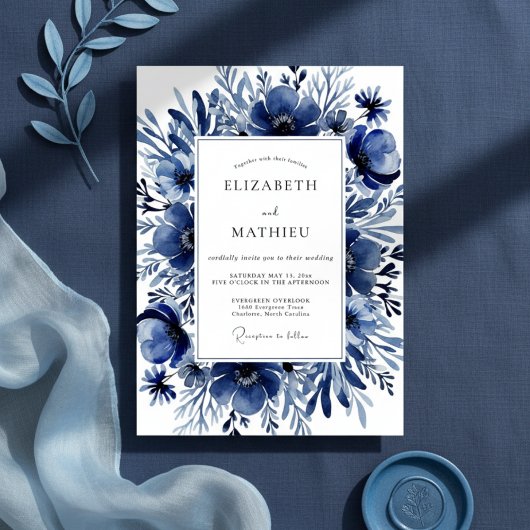 Indigo Bloemschilderkunst Bruiloft Kaart