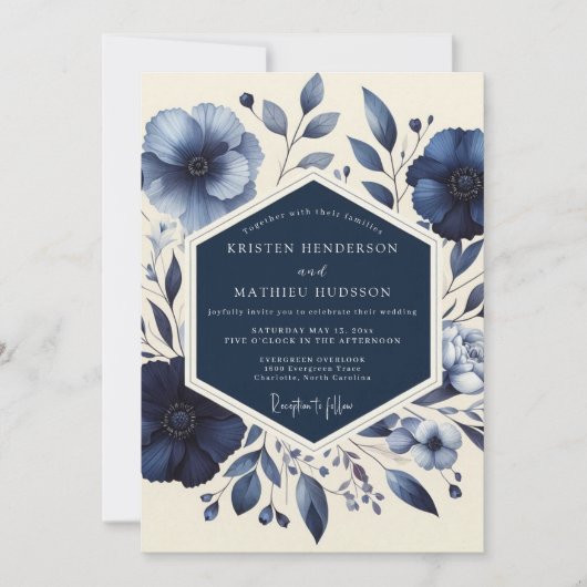 Indigo Bloom Romantische Bruiloft Kaart (Voorkant)