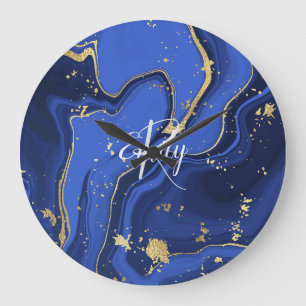 Indigo Blue Agate Marble Abstracte Name Monogram Grote Klok