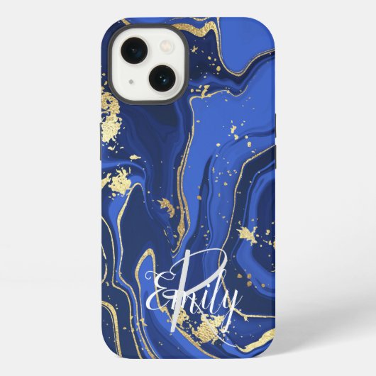 Indigo Blue Agate Marble Abstracte Name Monogram iPhone Hoesje (Achterkant)