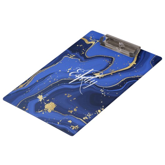 Indigo Blue Agate Marble Abstracte Name Monogram Klembord (Gekanteld)