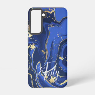 Indigo Blue Agate Marble Abstracte Name Monogram Samsung Galaxy Hoesje