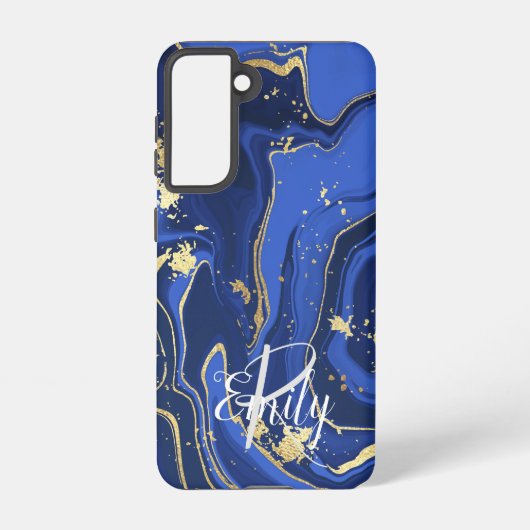Indigo Blue Agate Marble Abstracte Name Monogram Samsung Galaxy Hoesje (Achterkant)