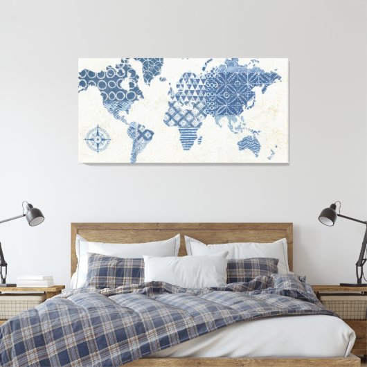 Indigo Blue Batik Map of the World Canvas Afdruk (Insitu (Slaapkamer))