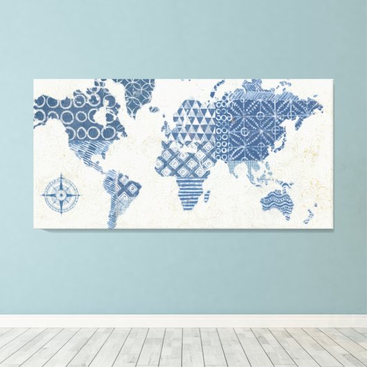 Indigo Blue Batik Map of the World Canvas Afdruk (Insitu (Houten vloer))