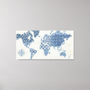 Indigo Blue Batik Map of the World Canvas Afdruk