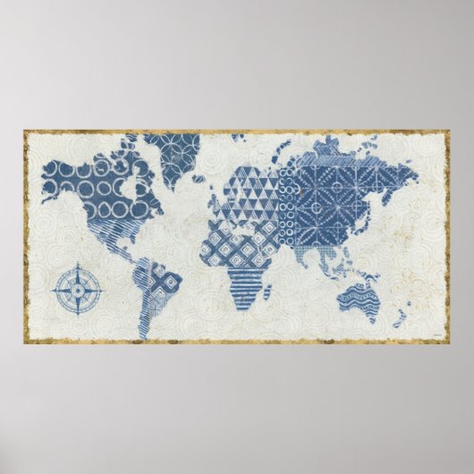 Indigo Blue Batik Map of the World Poster (Voorkant)