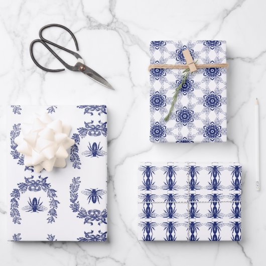 Indigo Blue Bee design cadeau wrap set Inpakpapier Vel (Voorkant)