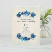 Indigo Blue Beige Waterverf Bloemen Verjaardag Kaart (Staand voorkant)