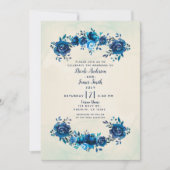 Indigo Blue & Beige Waterverf Flowers Wedding Kaart (Voorkant)