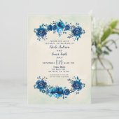 Indigo Blue & Beige Waterverf Flowers Wedding Kaart (Staand voorkant)