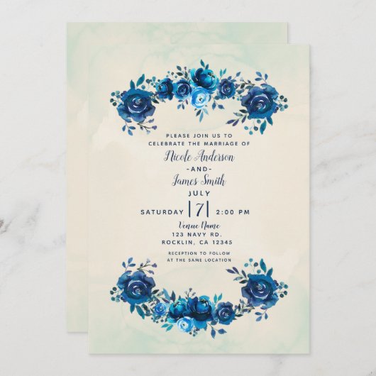 Indigo Blue & Beige Waterverf Flowers Wedding Kaart (Voorkant / Achterkant)