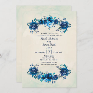 Indigo Blue & Beige Waterverf Flowers Wedding Kaart
