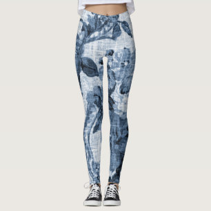 Indigo Blue Black & White Floral Toile 4 Leggings